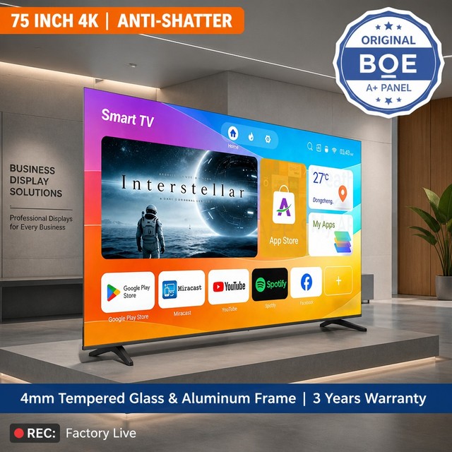 Original BOE A+ Panel 75 Inch 4K UHD Commercial Display 4mm Tempered Glass Aluminum Frame Smart TV with 3 Years Warranty