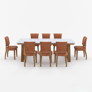 Juego de Comedor Rústico Europeo Moderno de 9 Piezas de Madera de Teca Sólida, Lujoso Juego de Mesa Ovalada con Tapa de Mármol y 8 Sillas de Cuero Hechas a Mano - Product Image 2