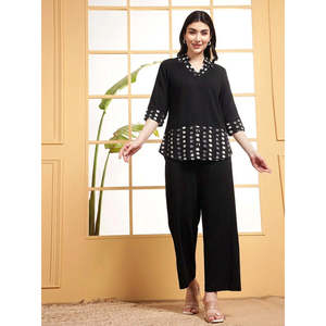 Deebaco Women's Black Cotton Co-Ord Set Polka Dot Panel V Neck <b>Top</b> With Wide Leg Pants Casual Spring Summer Outfits - Product Image 6