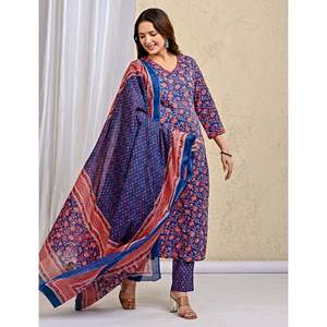 Blue Jaal Hand Drawn <b>Block</b> <b>Printed</b> Cotton Kurta Pant Set Heavy Mulmul Dupatta for Ethnic Party Wear Indian Style Long Length Net - Product Image 6
