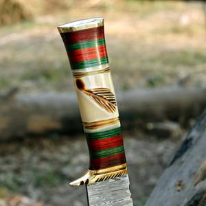 Couteau de chasse fait à la main en acier damas autre manche gaine en cuir OEM fournisseur en gros Clip Point forme de lame bord plat - Product Image 5