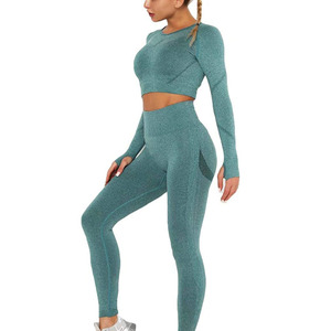 Seamless Long-Sleeve Yoga Set <b>Knit</b> Crop Top (Thumb Holes) & High-Waist Compression <b>Leggings</b> For Women's Outdoor Wear Yoga Sets - Product Image 1