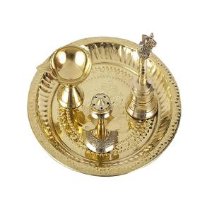 Diseño de clase superior Metal chapado en oro Pooja Thali con soporte Agarbatti y soporte Diya Diwali Pooja Wedding Mandap Welcome Thali - Product Image 3