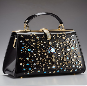 Modern white handbag with geometric <b>red</b> embroidery and gold clasp. Sleek. Available at wholesale prices - Product Image 4