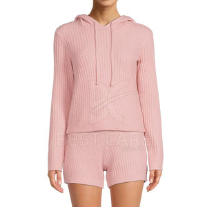 2023 nouveauté Logo personnalisé femmes hiver deux pièces ensemble haute qualité à capuche genou longueur Shorts solide tissu motif décontracté - Product Image 6