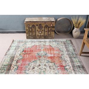 5.4x8.8 ft Turkish Rug, Vintage Large Rug, <b>Red</b> Green Floral <b>Wool</b> Rug - Product Image 3