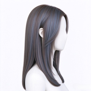 Perruque en cheveux humains lisses, marron avec reflets bleu cendré, coupe droite à la clavicule, avec frange rideau - Product Image 5