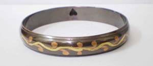 Luxury Gunmetal Copper <b>Bangle</b> With Elegant Two Tone <b>Gold</b> And Rose Vine Inlay Pattern Sophisticated Slim Style Metal Crafted - Product Image 3