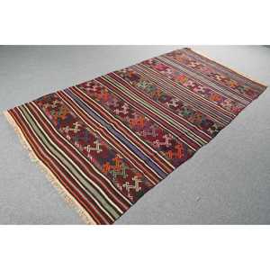 Turkish Vintage Rug 4.6x9 ft (140x274 cm), Kilim <b>Red</b> <b>Wool</b> Rug - Product Image 4