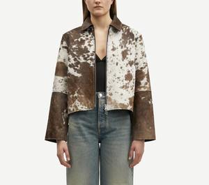 Chaqueta de cuero con pelo original y estampado de vaca personalizada para mujer al por mayor - Product Image 3