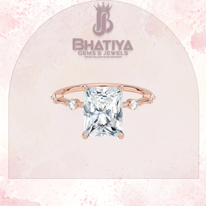 Anillo de compromiso solitario de corte radiante, banda de acento disperso de oro amarillo, joyería fina de moissanita de diamante único - Product Image 3