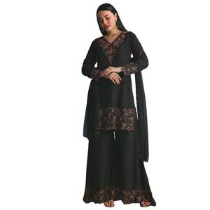 Conjunto Kurta Palazzo de seda negra con corte Dana Work, venta al por mayor de Ropa Étnica para mujer, fábrica de ropa OEM, proveedor a granel, moda personalizada - Product Image 3