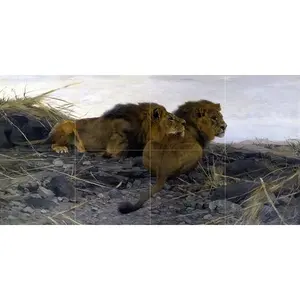 Carrelage mural Lions d'Afrique Spielende Salle de bain Dosseret mural Art Handmade Marble Ceramic Tile for Decorative Wall Features - Product Image 1