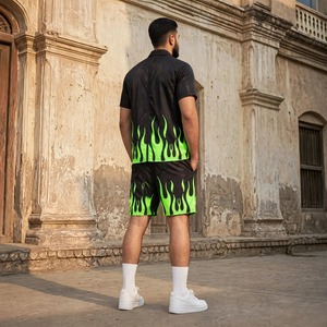 DRIFTWEAR Men's Neon Green <b>Flame</b> Print Relaxed Fit Short Sleeve <b>Shirt</b> Shorts Set Streetwear Summer Outfit Quick Dry Elastic - Product Image 3
