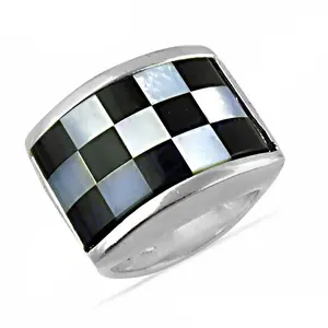 925 Silver Checkered <b>Ring</b> for Women Elegant Mother of <b>Pearl</b> Accent <b>Ring</b> - Product Image 1