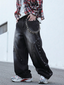 American Fashion Brand High Street Jeans para hombre Tubo recto de alta calidad Suelto Lavado Diseño resistente Cadena de uñas de talla grande - Product Image 2