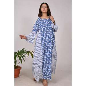 ชุดเดรสพิมพ์ลายบล็อกผ้าฝ้ายอินเดียทำด้วยมือชุดยาวสไตล์โบฮีเมียนสำหรับฤดูร้อนฤดูใบไม้ร่วงฤดูหนาวสไตล์ลำลอง - Product Image 1