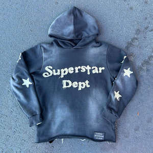 Y2K Vintage algodón Streetwear hombres pulóver Sudadera con capucha personalizada con parches bordados desgastados apliques Sun Faded Acid Wash - Product Image 1