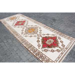 Turkish Rug, <b>Runner</b> 4.3x11.1 ft Vintage Rug, Brown <b>Red</b> Camouflage Wool Rug - Product Image 2