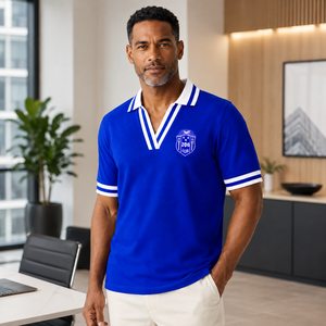 Polo pour homme Zeta Phi Beta, rayures bleues et blanches, col en V, tricot piqué, blason brodé, vêtements grecs personnalisés, vente en gros - Product Image 5