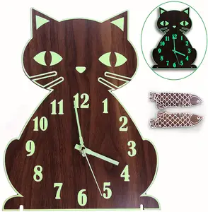 Luminous Wall Clock with Numerals Hands Glow in Dark Cat Wooden Wall Clock Entirely Silent &amp; Battery For Living Room Bedroom