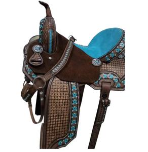 Haute qualité Designer Western selle sans arbres couleur Turquoise DD cuir Designer siège rembourré équitation Tack Set vente chaude - Product Image 3