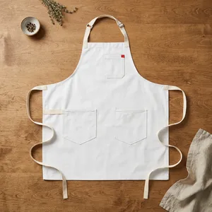 <b>White</b> Durable Reusable Bib <b>Apron</b> with Three Pockets Canvas Machine Washable for Cooking Daily Use Simple Style - Product Image 1