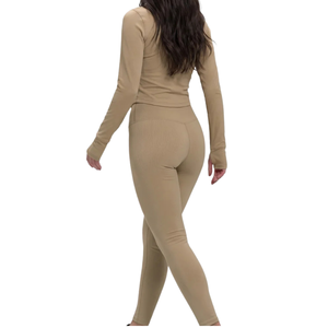 <b>Womens</b> Beige High Waist Full Length Yoga <b>Leggings</b> Knitted Comfortable Stretch Fitness Gym Workout Running Activewear <b>Compression</b> - Product Image 2