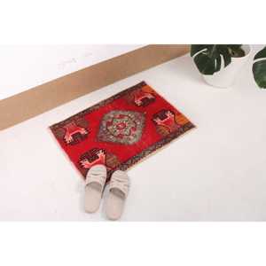 1.7x2.3 ft Turkish Small Rug, <b>Red</b> Gray Vintage Patchwork <b>Wool</b> Rug - Product Image 2