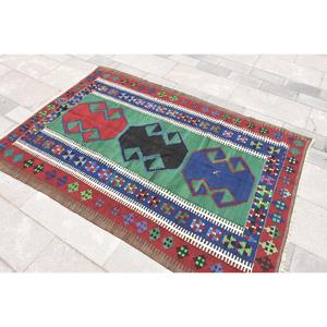 4.1x6 ft Area Vintage Rug, Turkish Rug, <b>Red</b> Blue Moroccan <b>Wool</b> Rug - Product Image 2