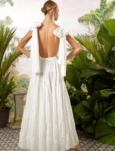 Womens Elegant White Deep V Neck <b>Maxi</b> <b>Dress</b> Long Sleeve Tiered Long <b>Dress</b> Bow Shoulder <b>Straps</b> Natural Eco-Friendly Summer Resort - Product Image 5