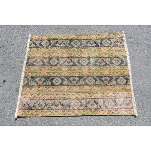 Alfombra Vintage de Lana Amarilla y Verde de 2.7 x 3.1 pies, Alfombra Turca Rectangular Grande para Comedor, Diseño Patchwork, Ecológica, Pelo Mediano, Látex - Product Image 3