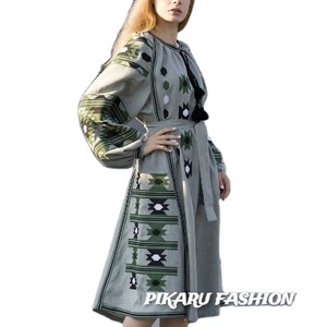 Venta al por mayor de moda elegante de manga larga Casual ucraniano bordado vestido de las mujeres con cuello en V cinturón tejido patrones lavable Natural - Product Image 1