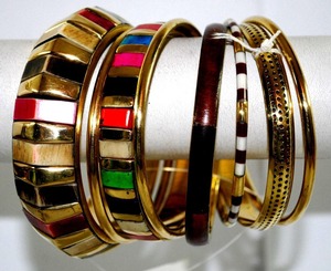 Ethnic Gold Plated Alloy Bangles Women's Geometric Patterned Stackable <b>Bracelets</b> with Colorful Inlay Design - Product Image 1