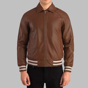 Venta al por mayor de fábrica personalizado para hombre oscuro Walton marrón piel de oveja estilo universitario bombardero Letterman chaqueta con cremallera frontal - Product Image 3