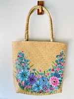 Tas Tangan Wanita Ramah Lingkungan dari Rumput Sedge Buatan Tangan Bentuk Persegi Panjang, Desain Bunga Modis, Penutup Ritsleting, Model Terbaru