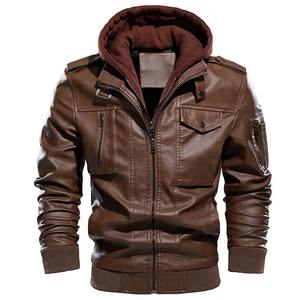 Hombre invierno grueso cálido Vintage cuello con capucha Club Bomber abrigos de cuero chaqueta de motocicleta hombres Casual PU chaquetas de cuero - Product Image 4
