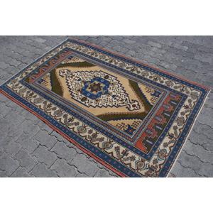 4x6.4 ft Vintage Rug, Turkish Area Rug, Blue <b>Brown</b> Oriental <b>Wool</b> Rug - Product Image 2