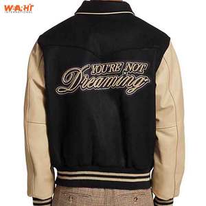 Chaqueta de invierno de béisbol universitario de alta calidad para hombres con mangas de cuero con soporte y bordado de retazos personalizado negro - Product Image 5