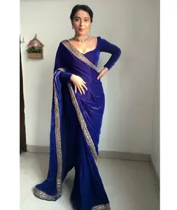 Indian Designer Ready to Wear Velvet Saree with Sequence and Thread Work Saree for Party Wear and Festival Function Wear Saree