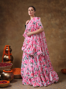 Meraki jannat ชุดผ้าไหมแต่งงานทรงสลิมฟิตแต่งด้วยผ้าลูกไม้ลายดอกไม้สีชมพูทันสมัย - Product Image 4