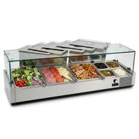 Comptoir de préparation de pizzas avec plateau en verre, armoire réfrigérée pour l'affichage des ingrédients, vitrine commerciale pour sushis et aliments