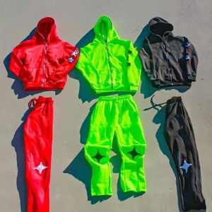 Haute qualité soleil délavé en détresse broderie à capuche et pantalon plat survêtements 100% coton fuit en gros et personnalisé - Product Image 3