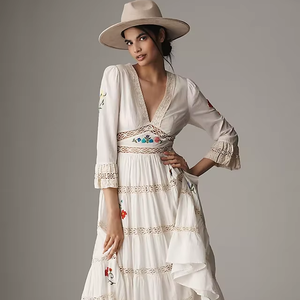 Robes maxi pour femmes à manches courtes vintage 2025, nouveau design ouvert, broderie, taille naturelle, lavable, 100% coton tissé, décontracté - Product Image 1