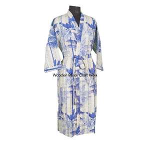 Bata Kimono Acolchada Kantha Hecha a Mano, Bata Larga de Algodón Orgánico para Mujer, Ecológica, Reversible, Técnica Lavada, Transpirable, de Secado Rápido - Product Image 6