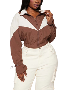 100% poliéster nueva moda cremallera impermeable transpirable mujeres cortavientos señoras chaquetas ropa deportiva Color Block Crop Top chaqueta - Product Image 3