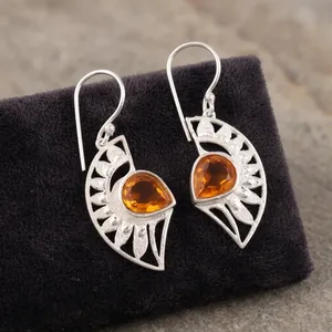 925 Silver Luxury Bohemia Drop Earrings Yellow <b>Citrine</b> Gemstone Geometric Leaf Pattern for Women Everyday Wedding Party Gift - Product Image 1