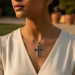 925 <b>Silver</b> Garnet <b>Cross</b> Pendant Necklace with CZ Charm Number Pattern Rose Gold and Platinum Material Gift Jewelry for Women - Product Image 3