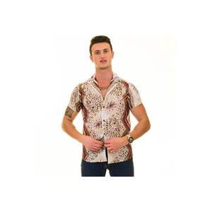 <span class=keywords><strong>Camicia</strong></span> estiva a manica corta con motivo a forma di caffè Beige e <span class=keywords><strong>viola</strong></span> in cotone Voile con collo aperto - Product Image 1