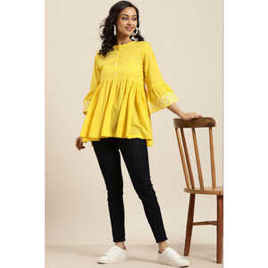 Blusa de Mujer con Mangas Campana Bordadas en Amarillo, de Algodón y Lino Popelín con Estampado Floral, Talla XL, con Volantes Asimétricos para Fiestas Casuales - Product Image 1